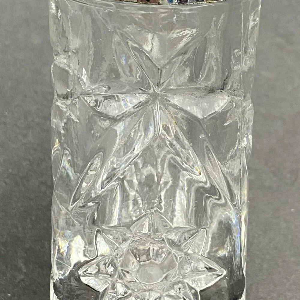 Vintage Crystal‎ Salt & Pepper Shakers With Chrome Tops Starburst Pattern MCM